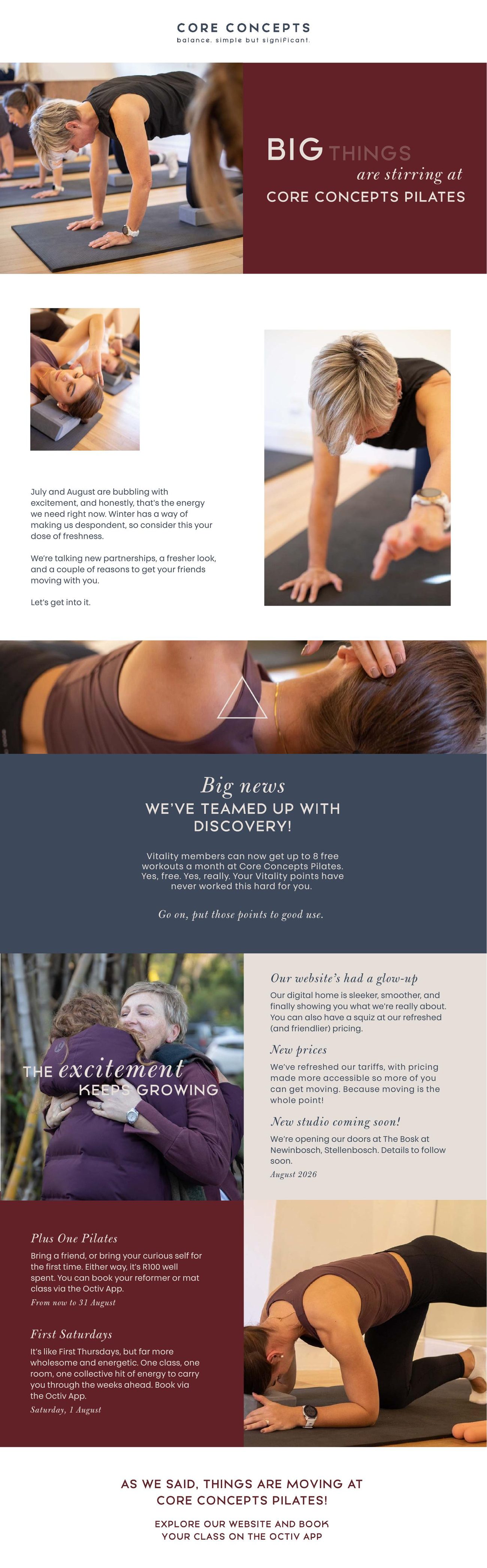 Core Concepts July 2026 newsletter: the Discovery Vitality partnership, our new website and pricing, the new studio at The Bosk, Plus One Pilates and First Saturdays