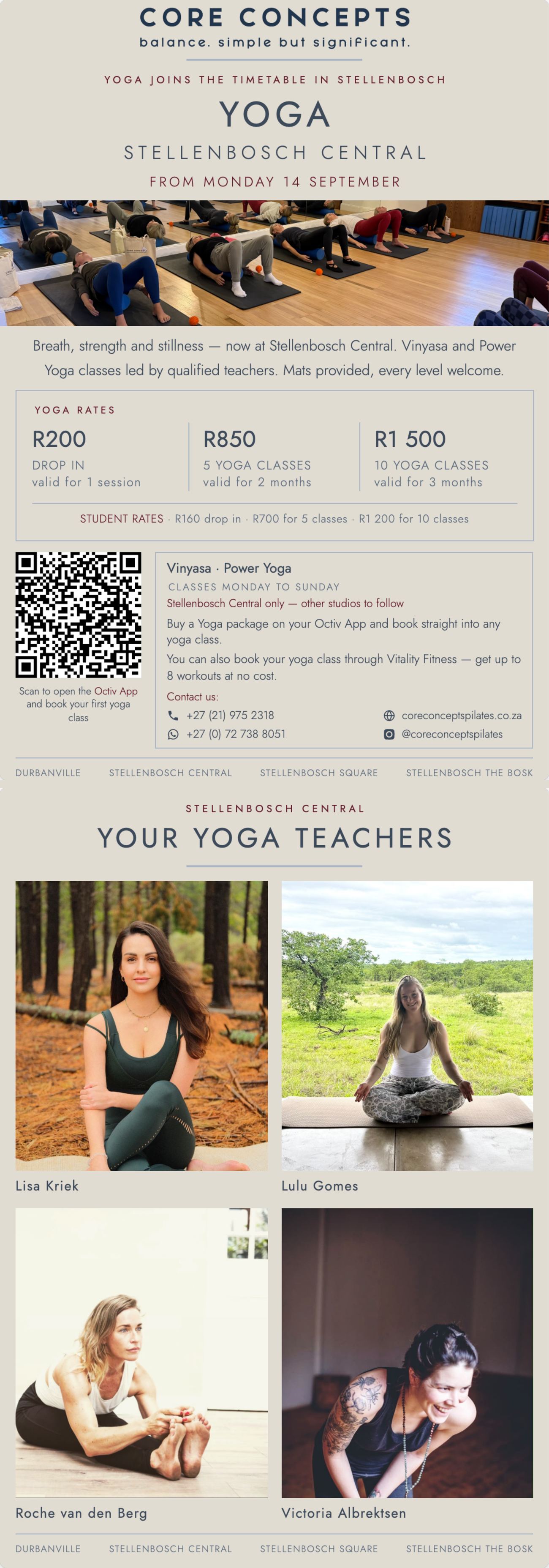 Core Concepts yoga launch: Vinyasa and Power Yoga classes at Stellenbosch Central from Monday 14 September, with rates, student rates, and your yoga teachers Lisa Kriek, Lulu Gomes, Roche van den Berg and Victoria Albrektsen